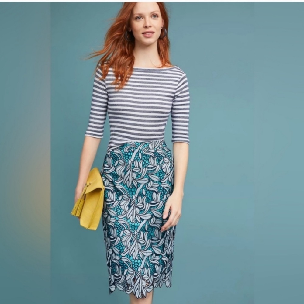 Anthropologie Teal and White Floral Pencil Skirt